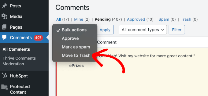 Bulk selecting the pending comments and moving them to the trash Bulk selecting the pending comments and moving them to the trash