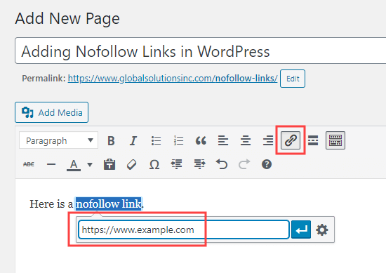 Adding a link in the classic editor, using the link button Adding a link in the classic editor, using the link button