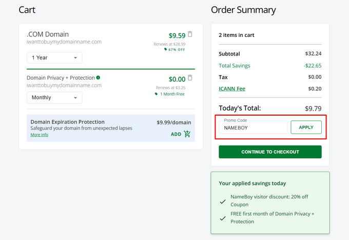 Enter the Network Solutions promo code and click the Apply button Enter the Network Solutions promo code and click the Apply button