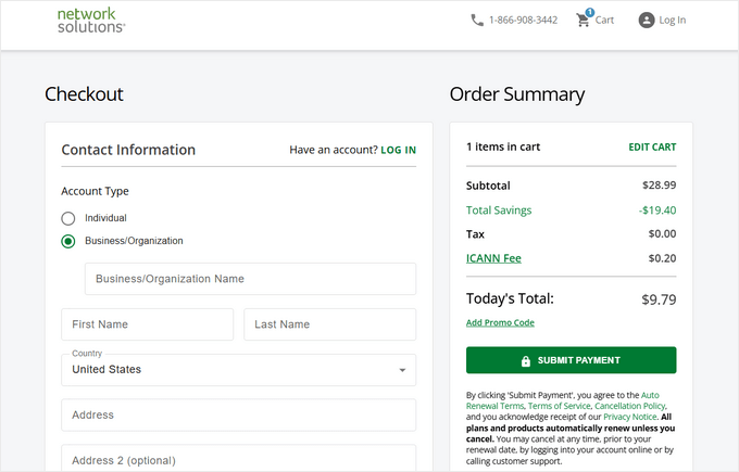 Network Solutions Checkout Page Network Solutions Checkout Page