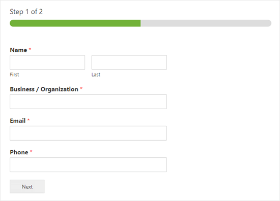 Das Formular mit einer Seitenunterbrechung auf der Website Das Formular mit einer Seitenunterbrechung auf der Website