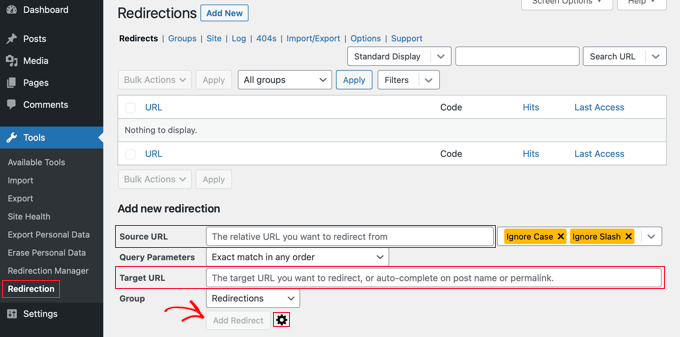 Aggiungi nuovo redirect Aggiungi nuovo redirect