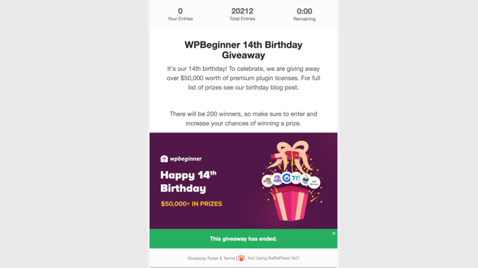WPBeginner's annual giveaway, created using RafflePress