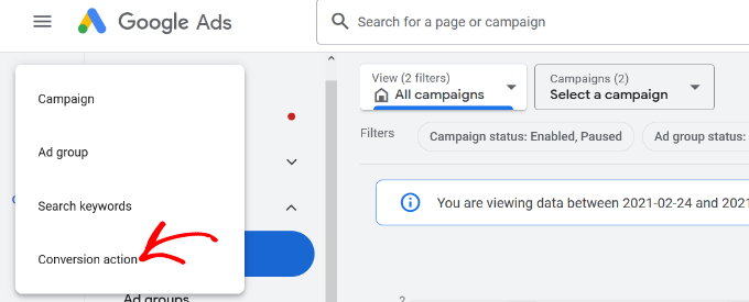 Select conversion action Select conversion action