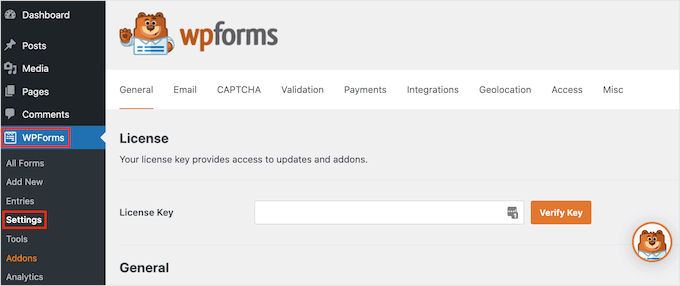 WPForms' pro settings WPForms' pro settings