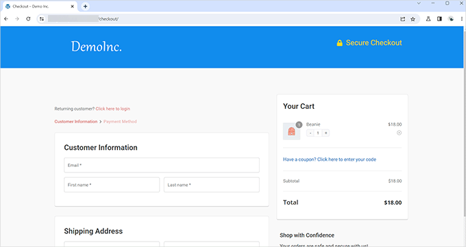 Anteprima della pagina di checkout personalizzata