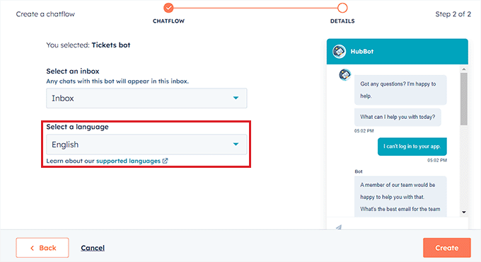 Scegli la lingua della chatbot Scegli la lingua della chatbot