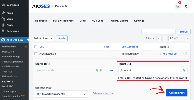 How to set up a redirect using AIOSEO How to set up a redirect using AIOSEO