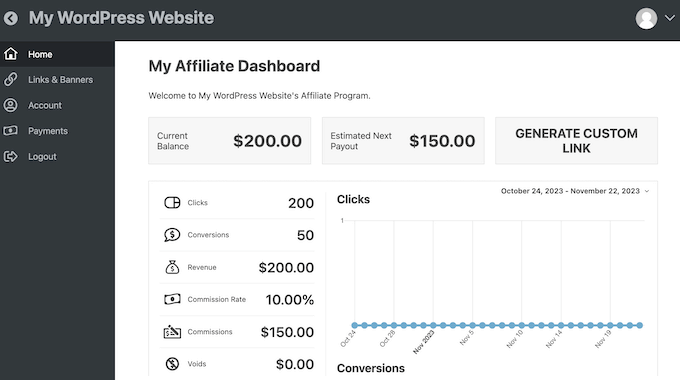 An example of an affiliate dashboard, created using Easy Affiliate An example of an affiliate dashboard, created using Easy Affiliate