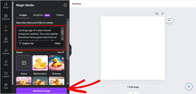 Entering a prompt to use Canva AI image generator Entering a prompt to use Canva AI image generator