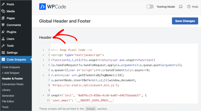keyword-density-40855-3 Pasting the Snapchat Pixel base code to WPCode Header section