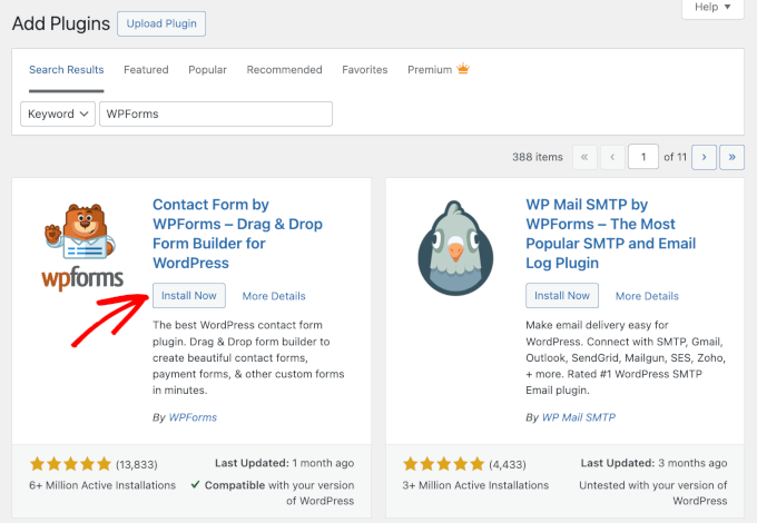 wordpress-plugins-addnewplugin-wpforms-installnow WordPressで新しいプラグインを追加する際のWPForms検索結果の「今すぐインストール」ボタン