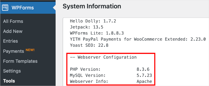 6 melhores plug-ins de agendamento e reserva do WordPress (2024) The Webserver Configuration information in WPForms