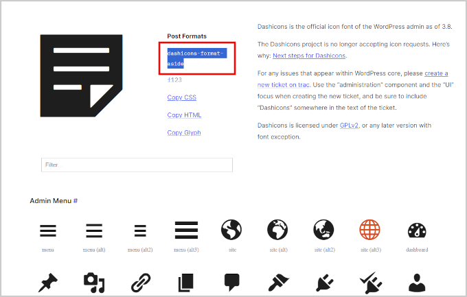 Select icon dashicons Select icon dashicons