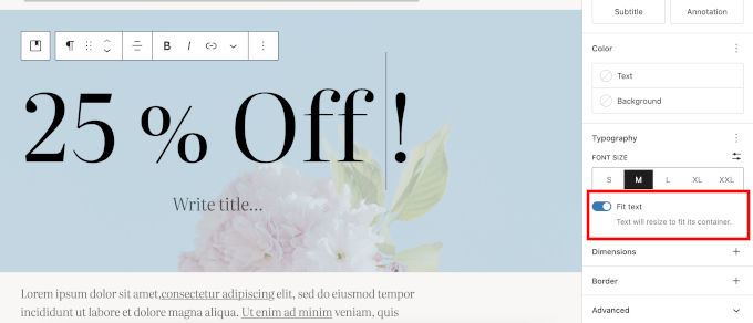 Option „Text anpassen“ Option „Text anpassen“ in den Blockeinstellungen
