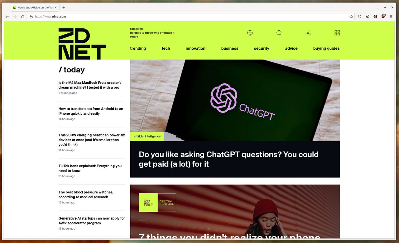 Mullvad browser open to ZDNET page